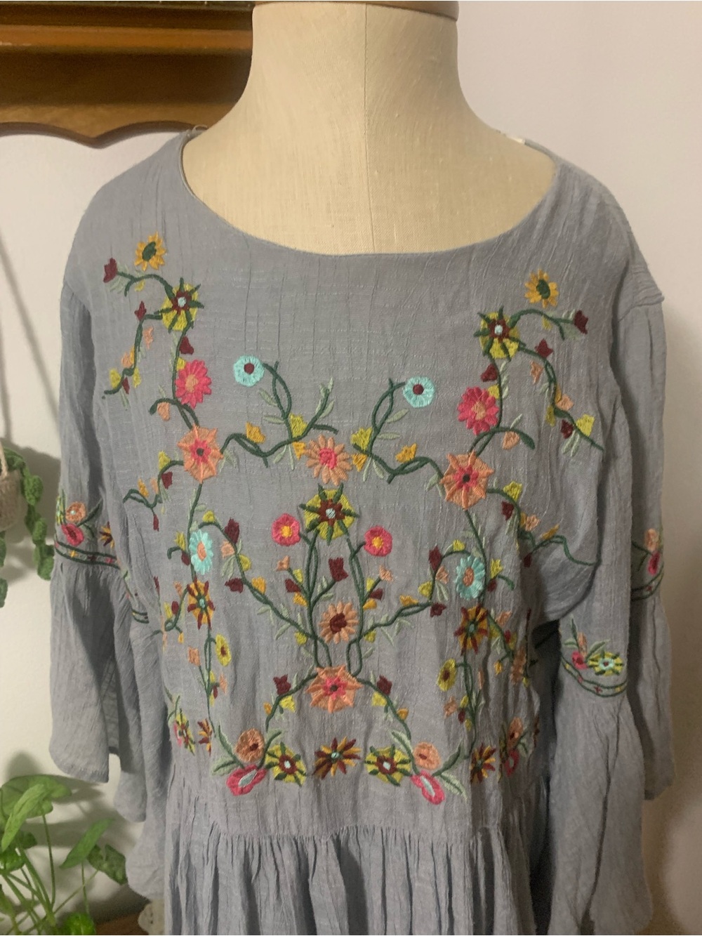 Umgee Blue Floral Boho Embroidered Size Large Babydoll Dress Cotton Blend - Picture 9 of 16
